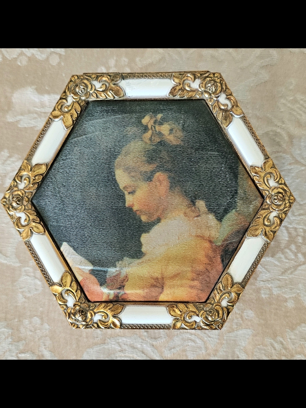 Decorative Hexagon Framed Girl Reading Music Box Trinket Box Red Velvet Lined.